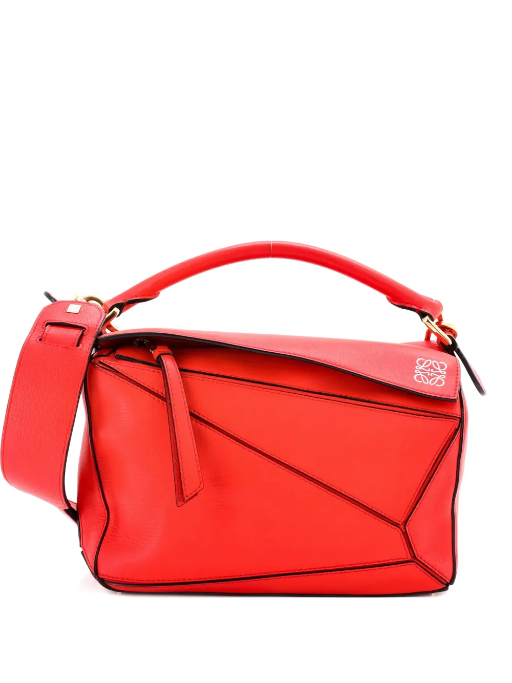 Pre-owned Loewe Puzzle Bag Leather Small Satchel In Red