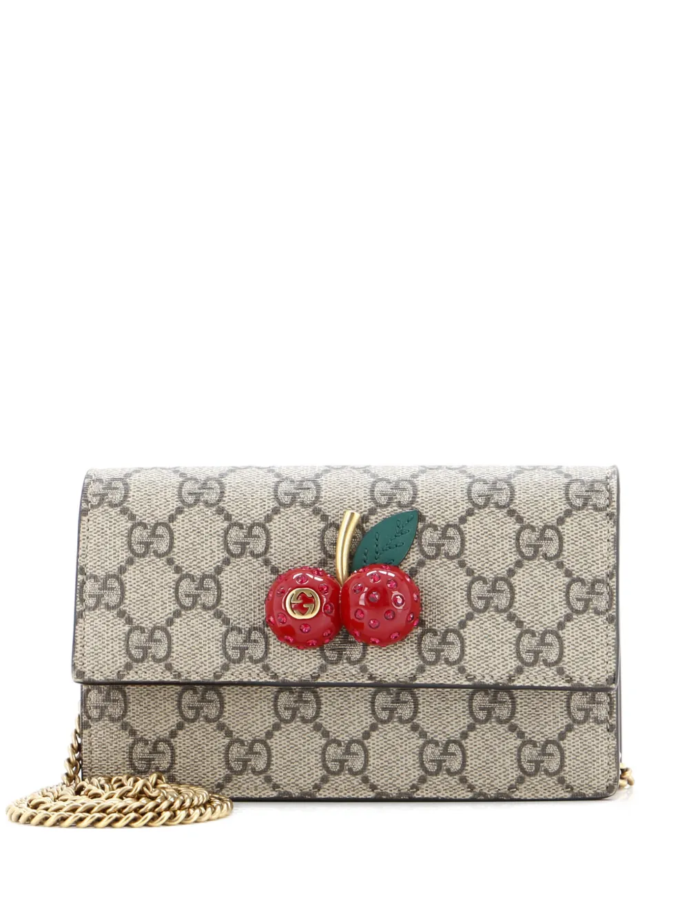 Pre-owned Gucci Cherries Wallet On Chain Gg Coated Canvas Mini Crossbody Bag In Brown