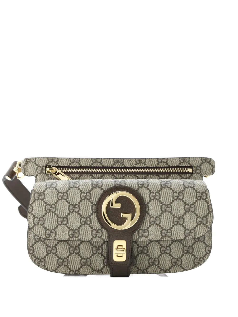 Click to view more detailed imagery on our partner's website Pre-owned Gucci Blondie Flap Pocket Gg Coated Canvas Belt Bag In Brown