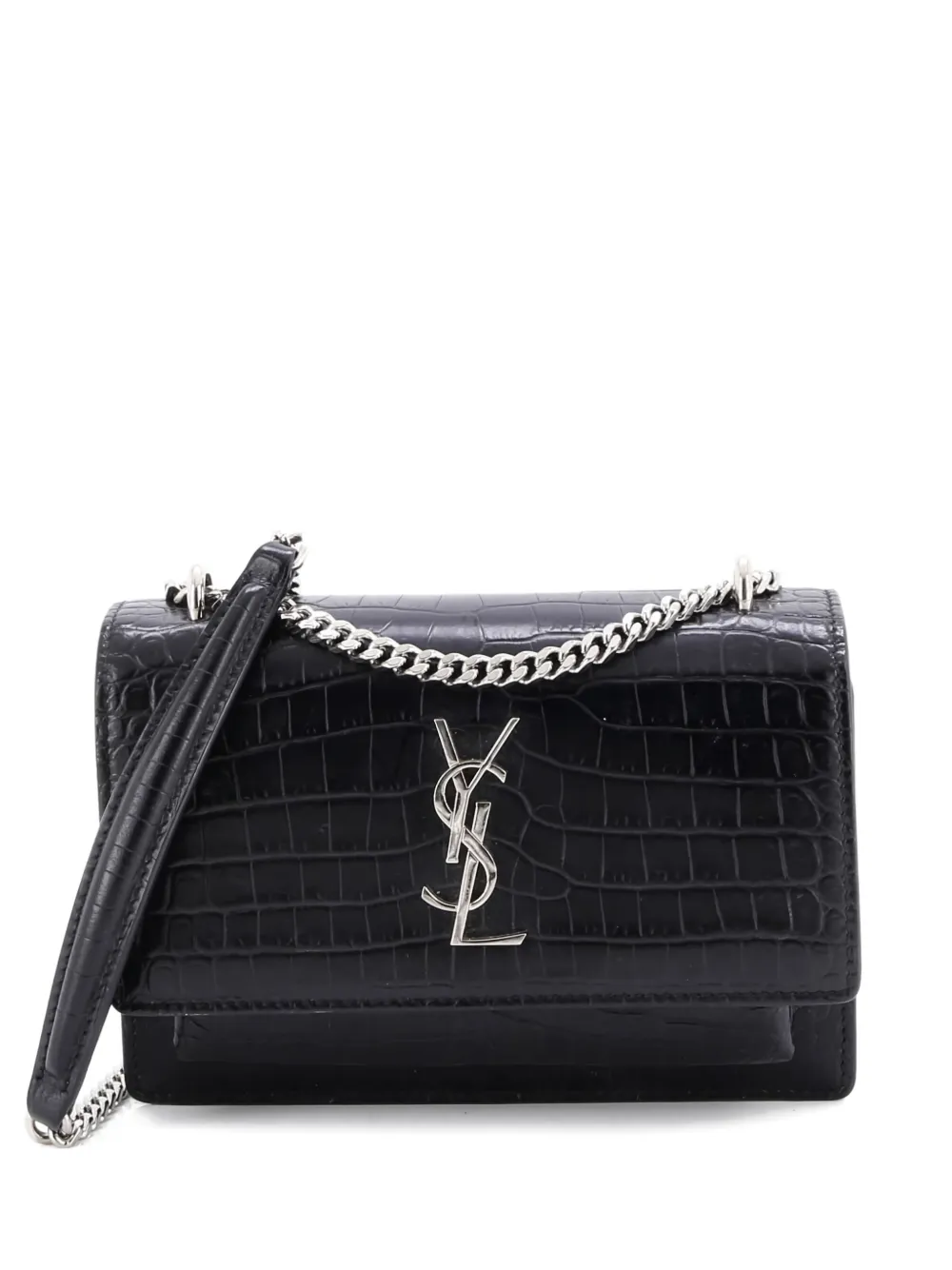 SAINT LAURENT Pre-owned Sunset Chain Wallet Crocodile Embossed Leather Crossbody Bag In Black