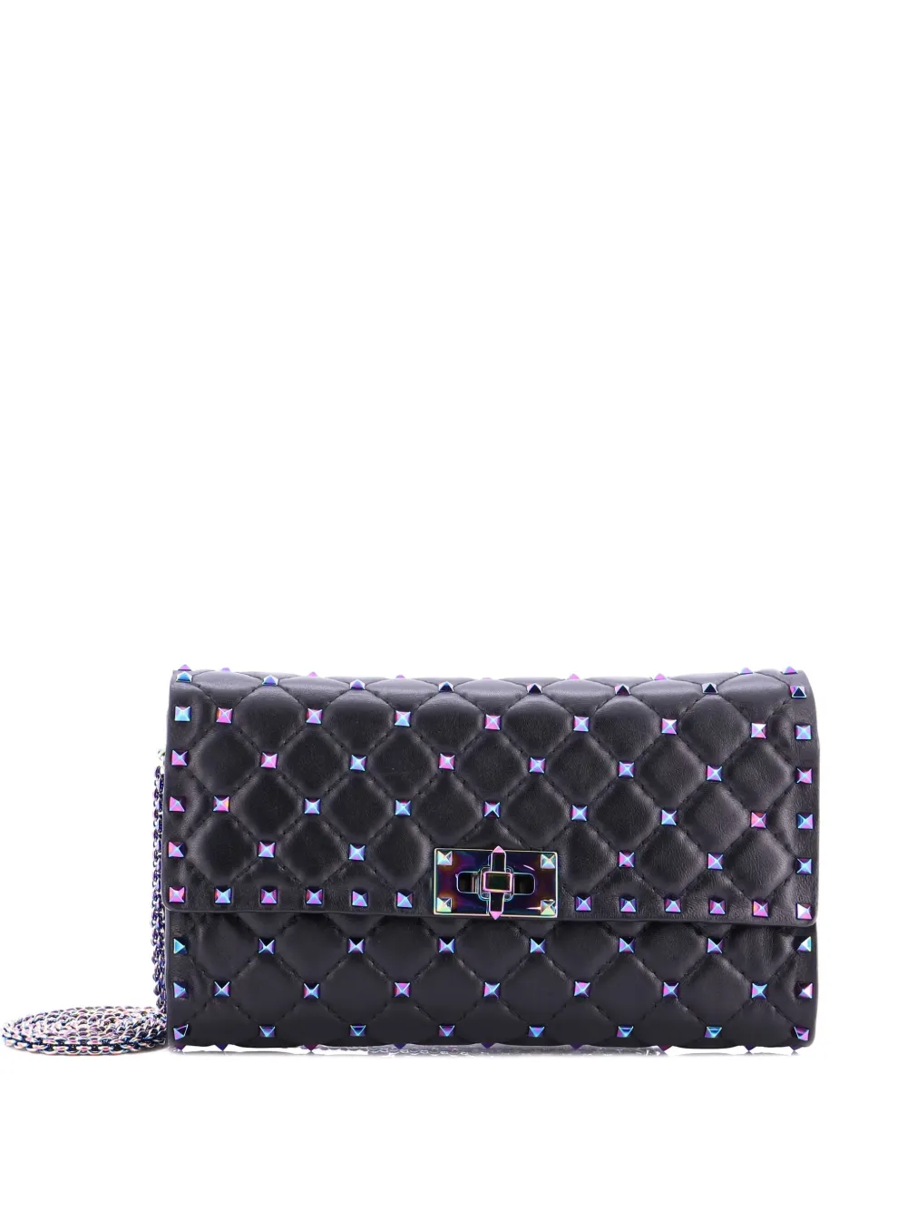 Pre-owned Valentino Garavani Rockstud Spike Wallet On Chain Quilted Leather Small Crossbody Bag In Black