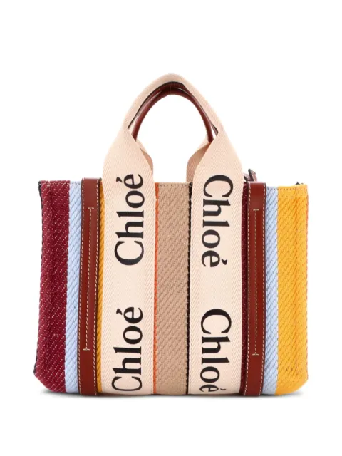 Chloé Pre-Owned Woody Striped Canvas with Leather Small tote bag
