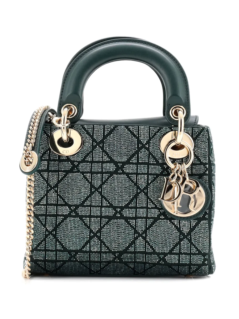 Click to view more detailed imagery on our partner's website Pre-owned Dior Lady Chain Bag Cannage Beaded Satin With Leather Mini Shoulder Bag In Green