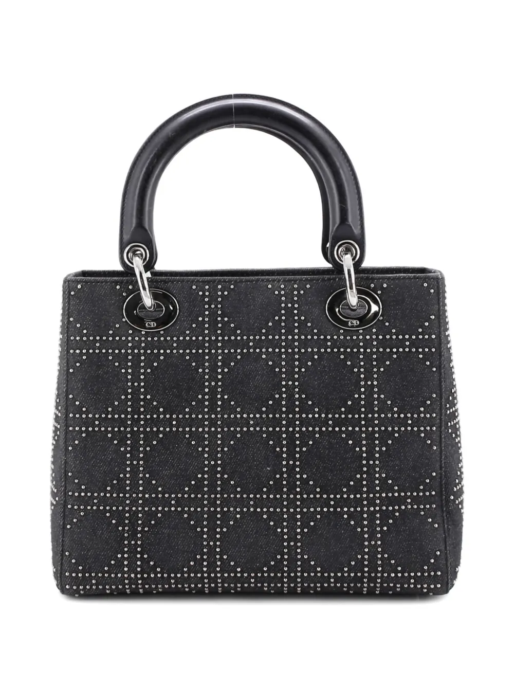 Pre-owned Dior Vintage Lady Bag Cannage Studded Denim Medium Satchel In Gray