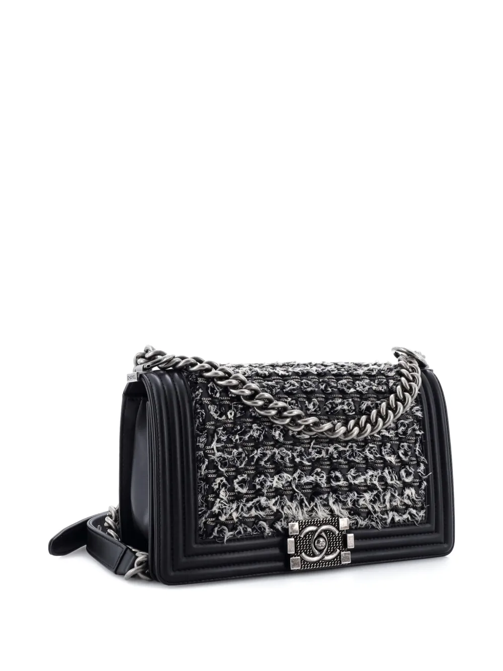 Pre-owned Chanel Boy Flap Bag Braided Tweed Old Medium Crossbody Bag In Black