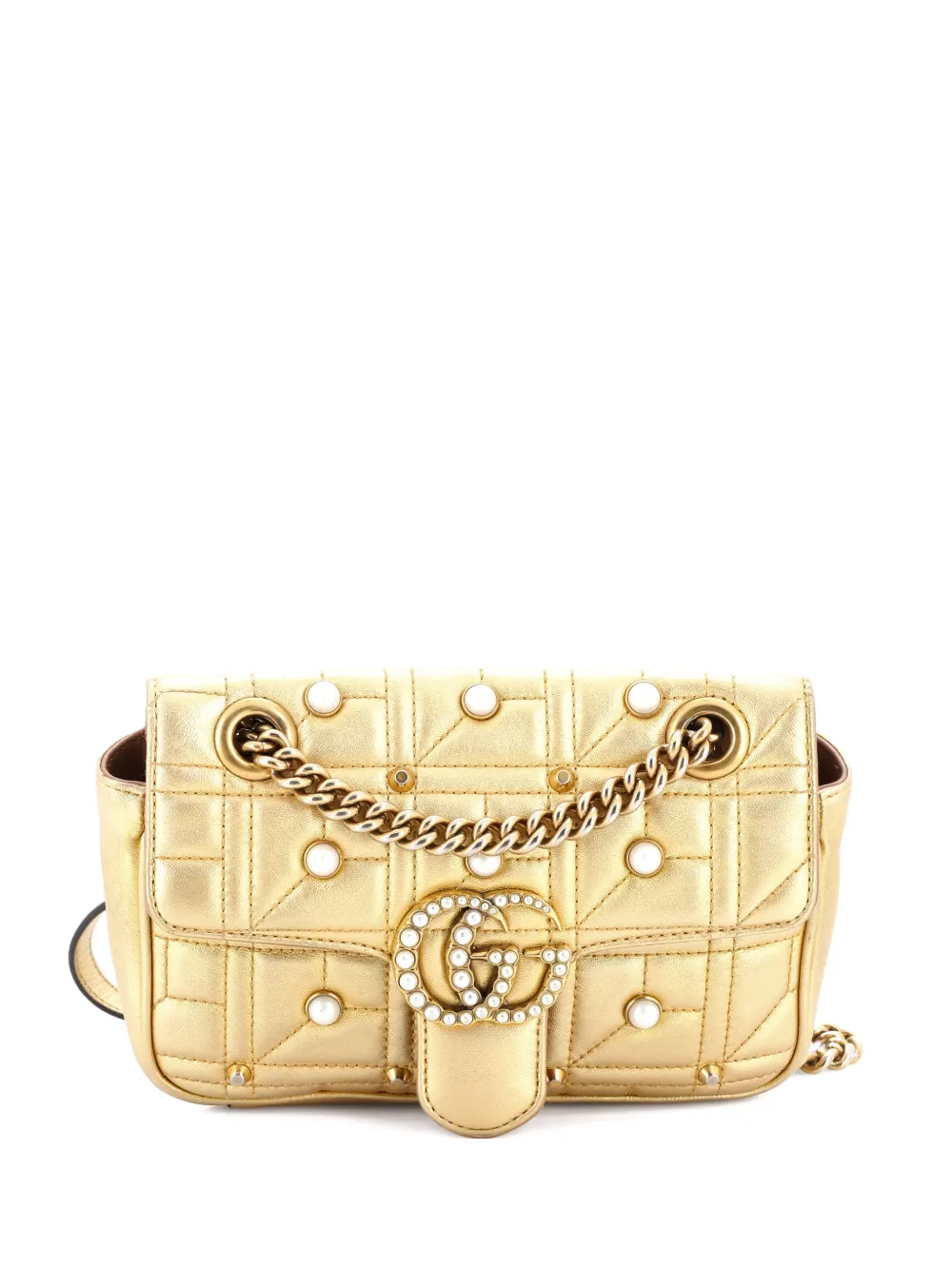 Pre-owned Gucci Pearly Gg Marmont Flap Bag Embellished Matelasse Leather Mini Shoulder Bag In Gold