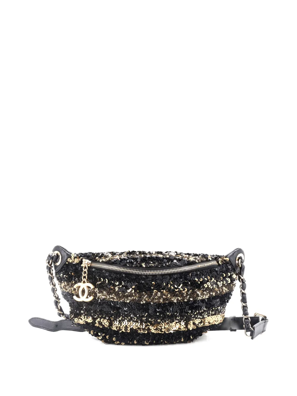 CHANEL Pre-owned Cc Charm Zip Waist Bag Sequins And Quilted Lambskin Belt Bag In Black
