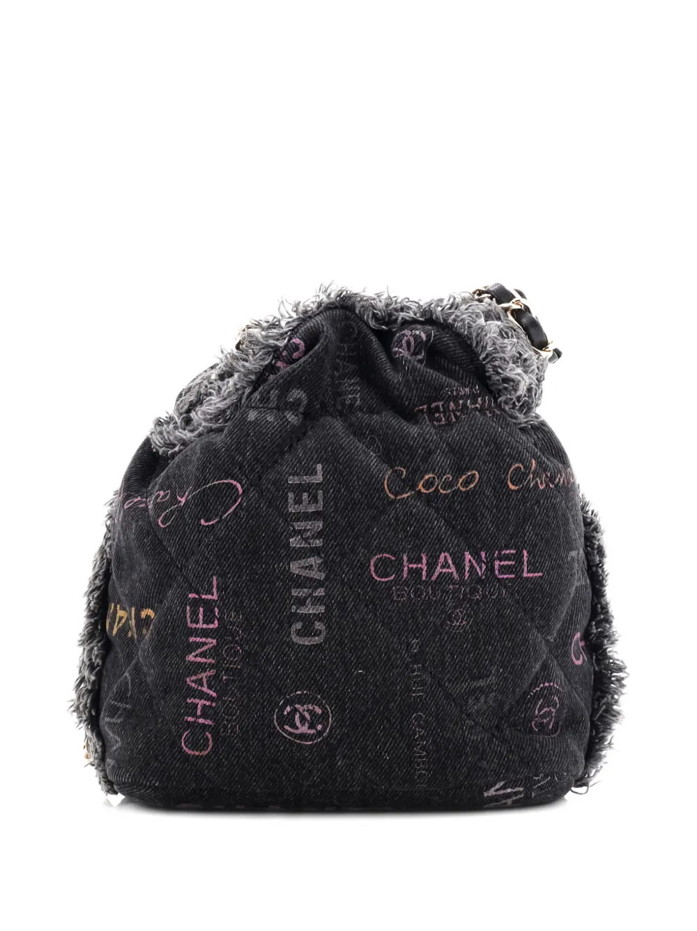 Pre-owned Chanel Denim Mood Chain Logo Printed Quilted Fringe Denim Medium Bucket Bag In Black