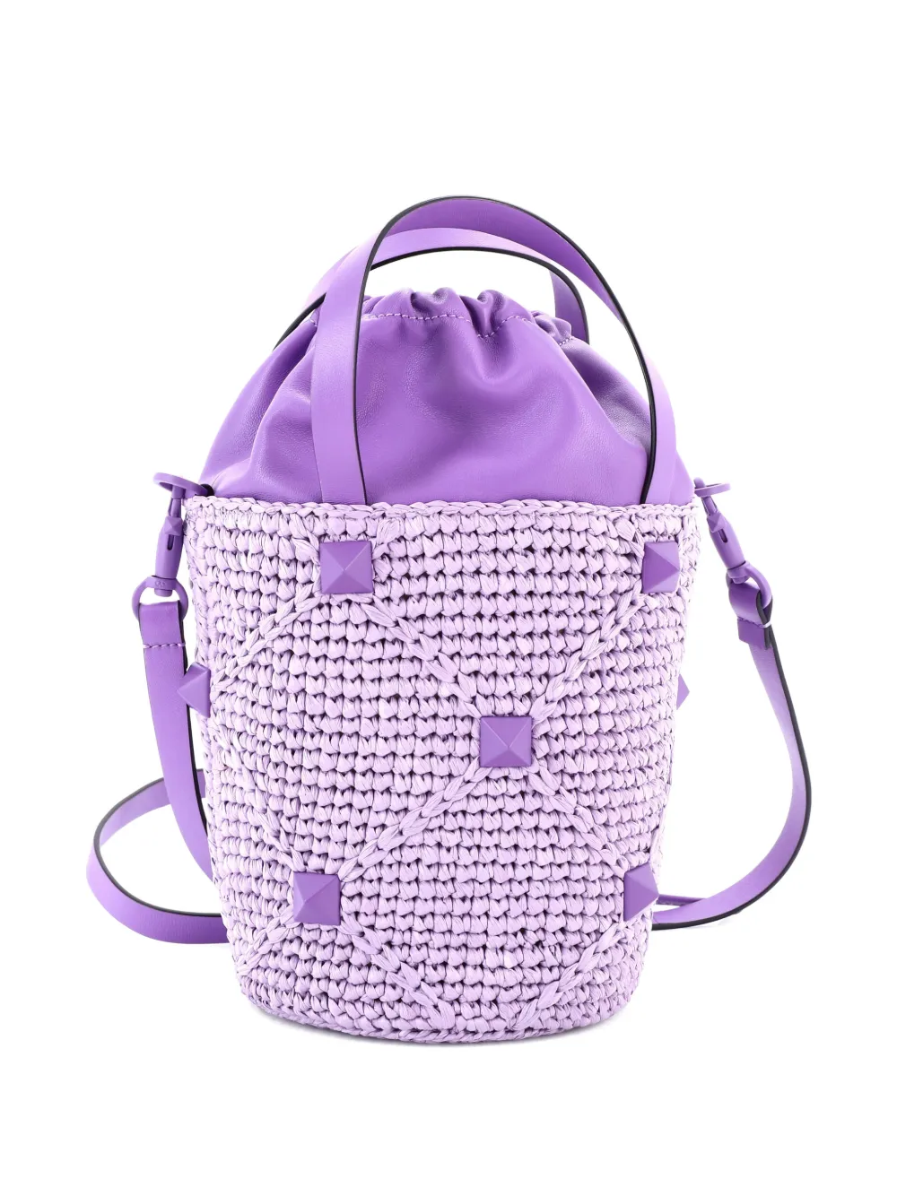 Pre-owned Valentino Garavani Roman Stud Raffia And Leather Bucket Bag In Purple