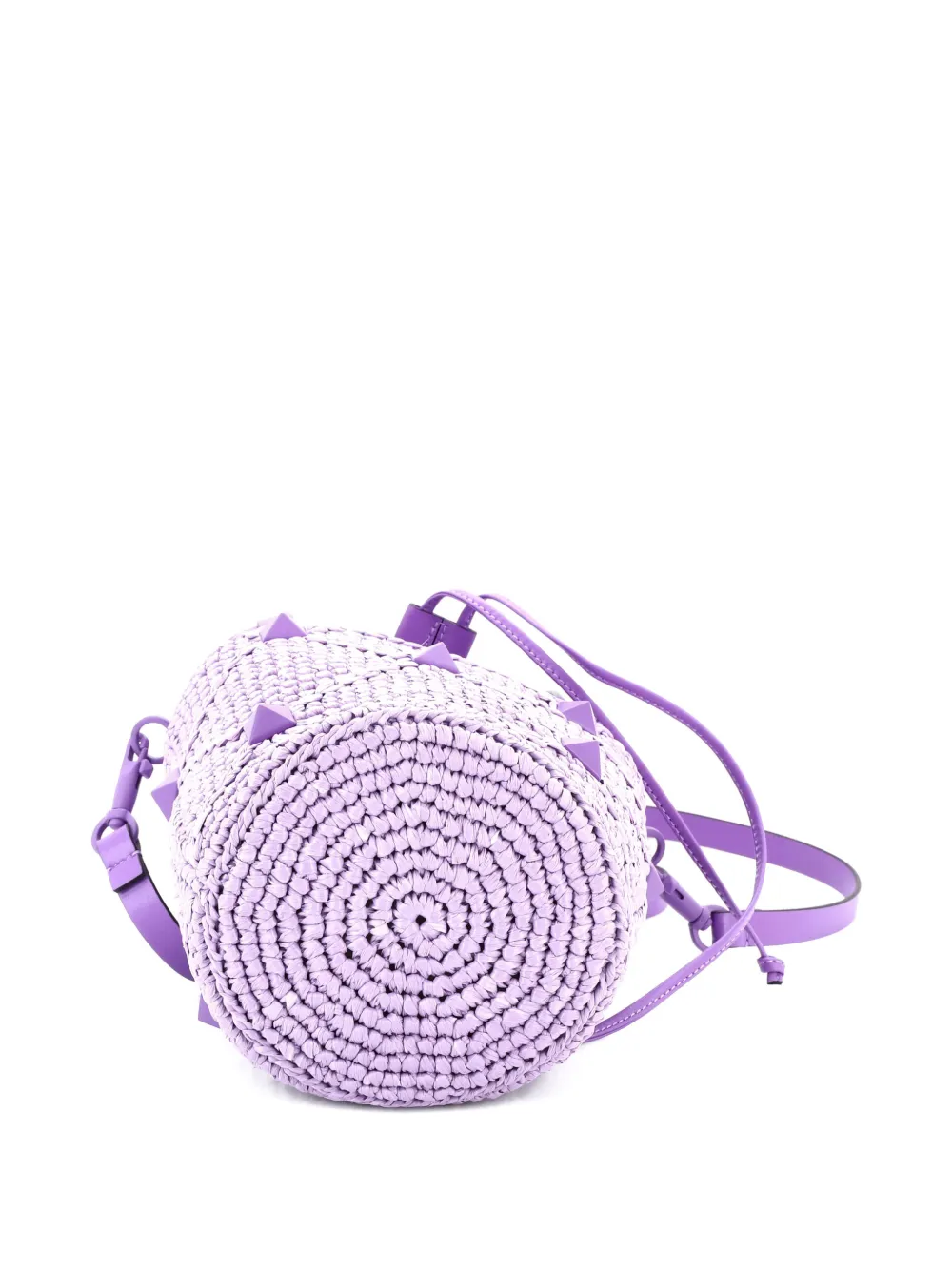 Pre-owned Valentino Garavani Roman Stud Raffia And Leather Bucket Bag In Purple
