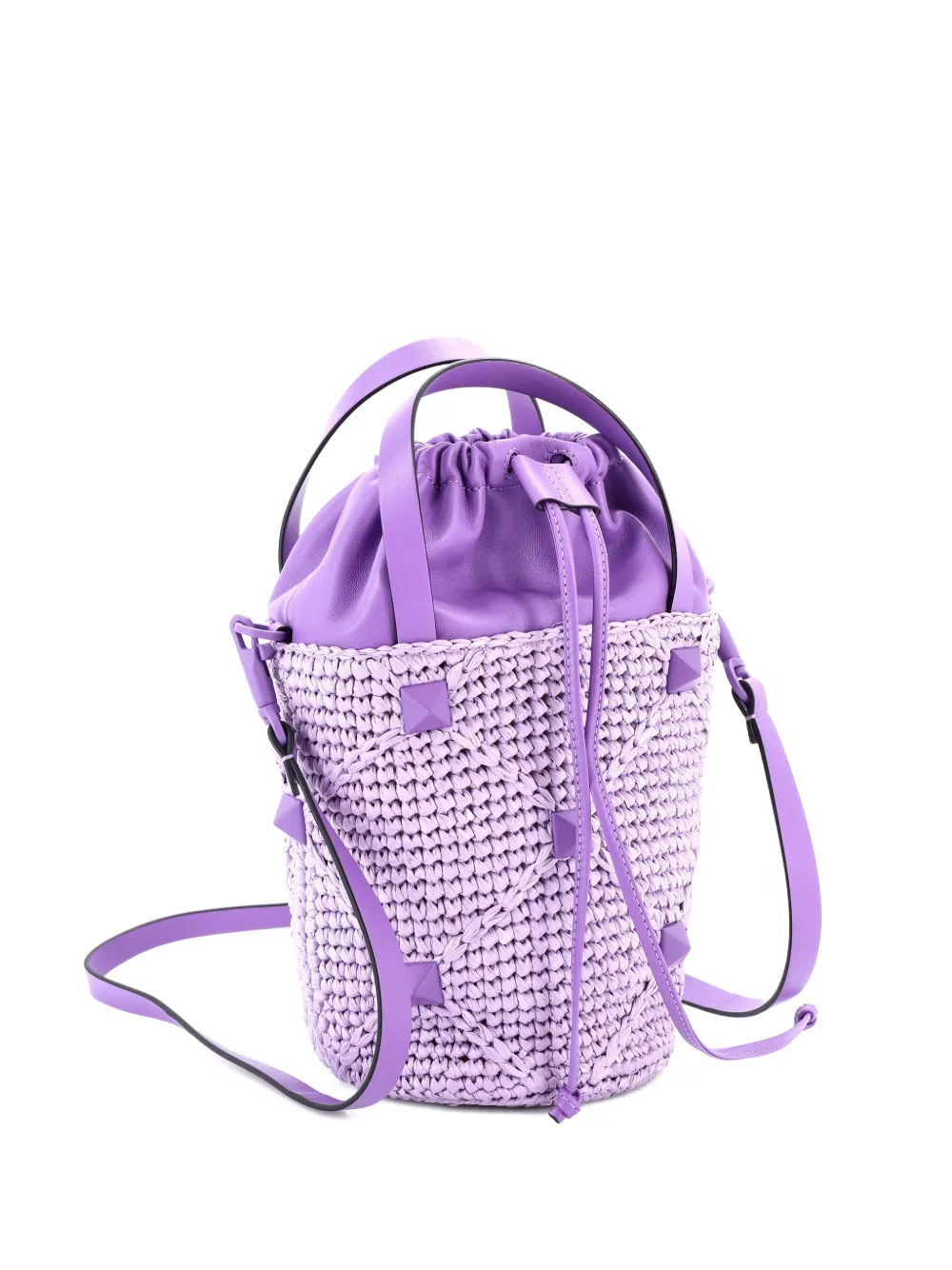 Valentino Garavani Pre-Owned Roman Stud Raffia and Leather bucket bag - Viola