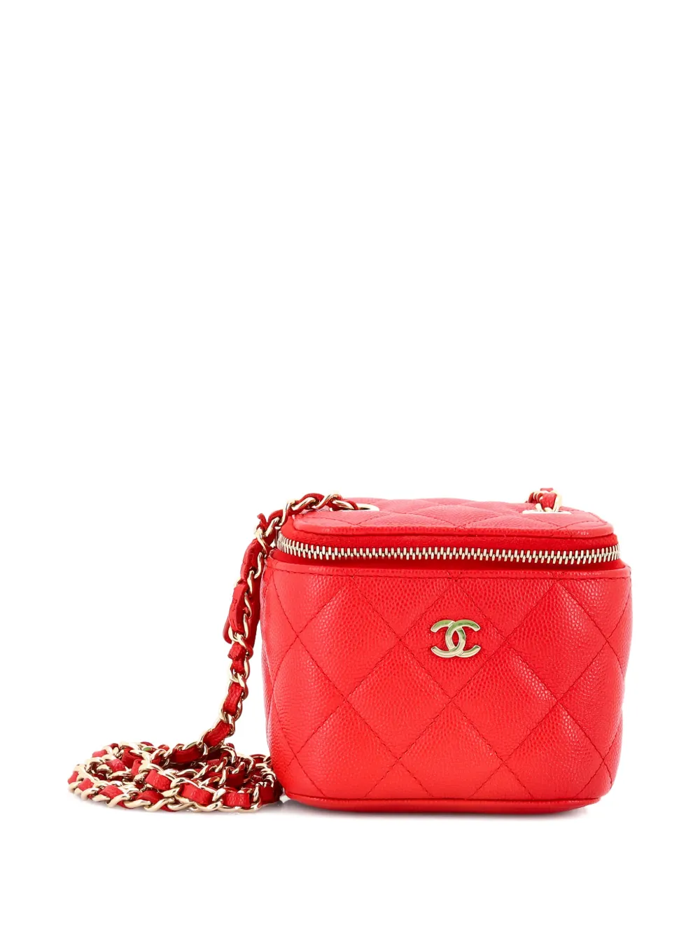 Pre-owned Chanel Classic Vanity Case With Chain Quilted Caviar Mini Pouch In Red
