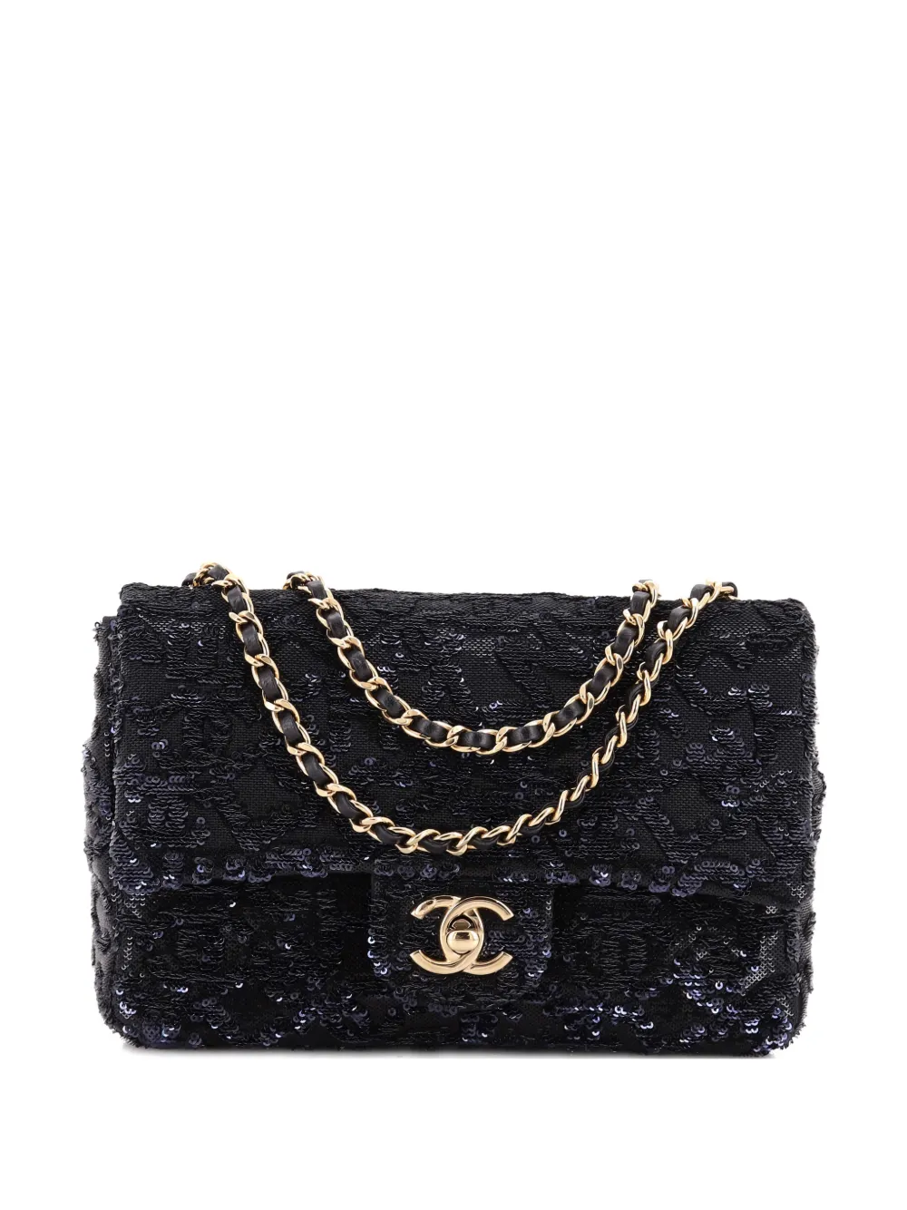 Pre-owned Chanel Classic Single Flap Bag Logo Sequins Mini Shoulder Bag In Black