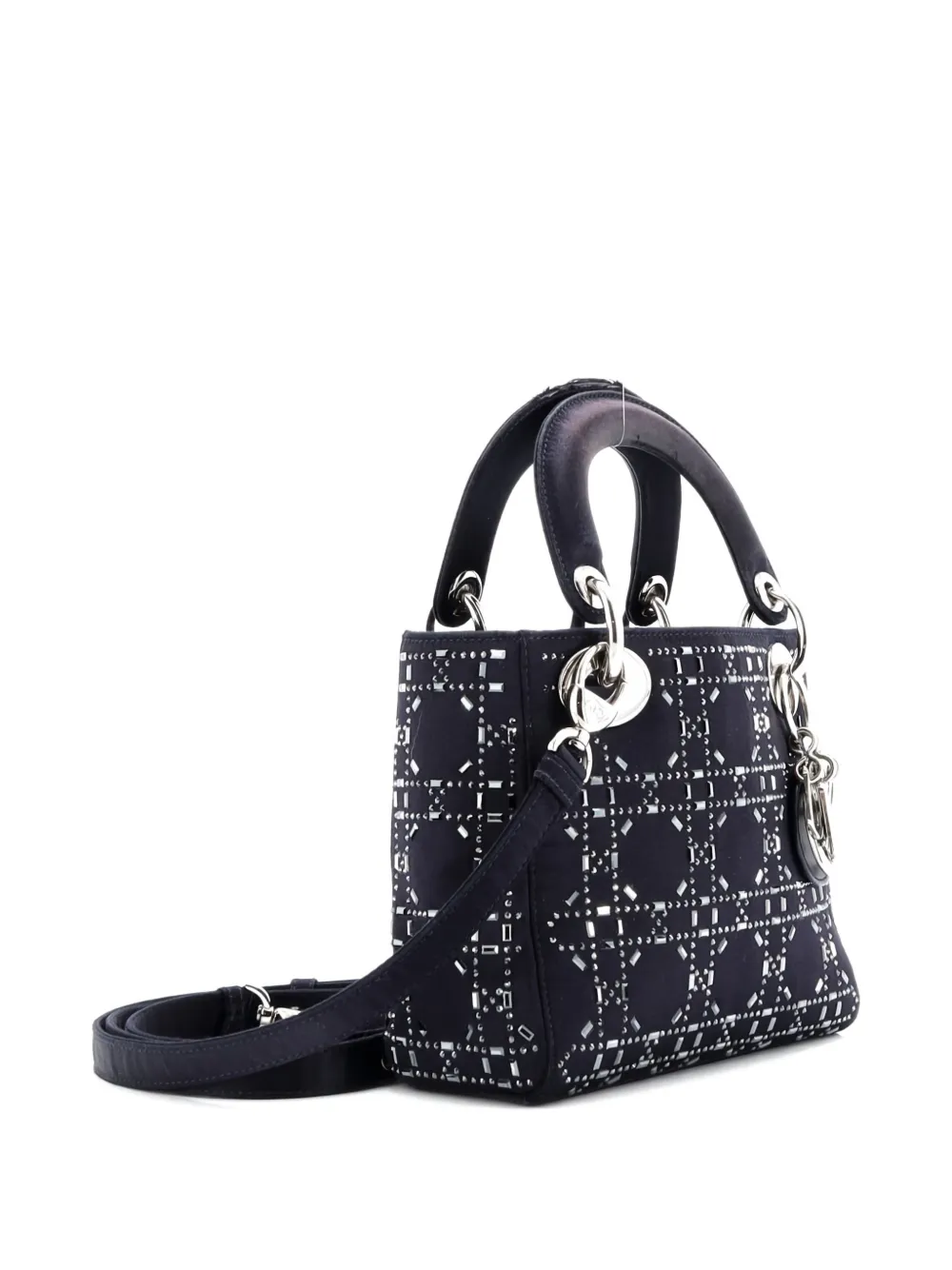 Pre-owned Dior Lady  Bag Crystal Embellished Cannage Quilt Satin Mini Satchel In Blue