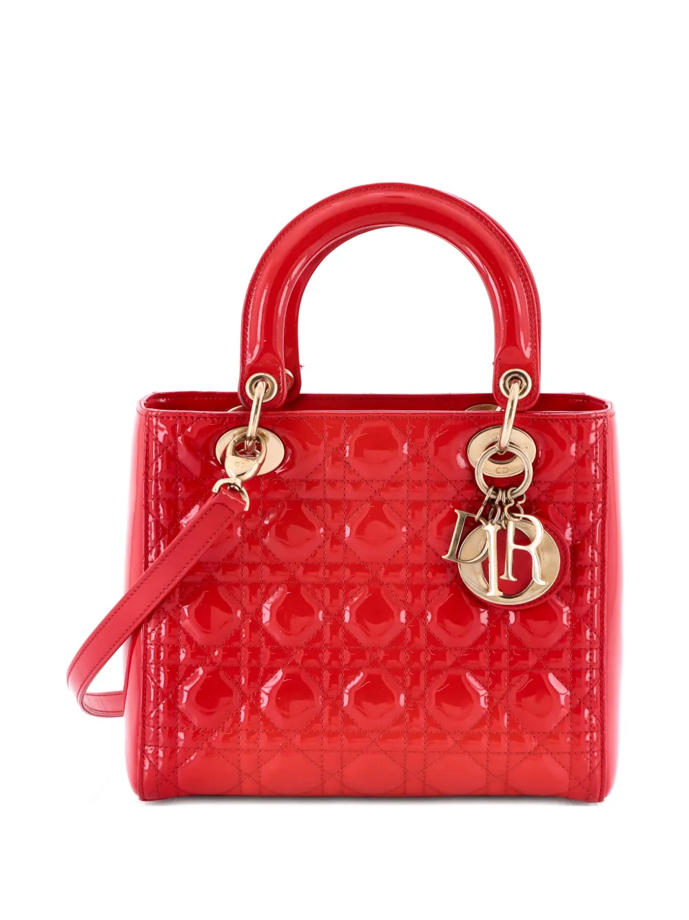 Pre-owned Dior Lady  Bag Cannage Quilt Patent Medium Satchel In Red