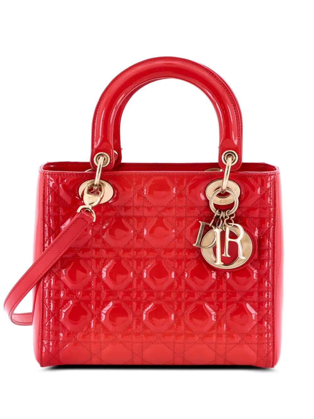 Christian Dior Pre-Owned Lady Dior Bag Cannage Quilt Patent Medium satchel - Rosso