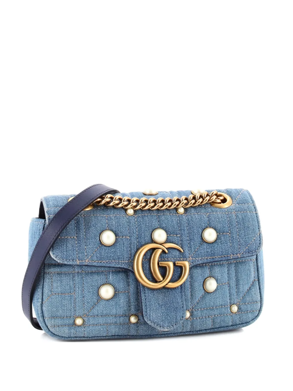 Pre-owned Gucci Pearly Gg Marmont Flap Bag Embellished Matelasse Denim Mini Shoulder Bag In Blue