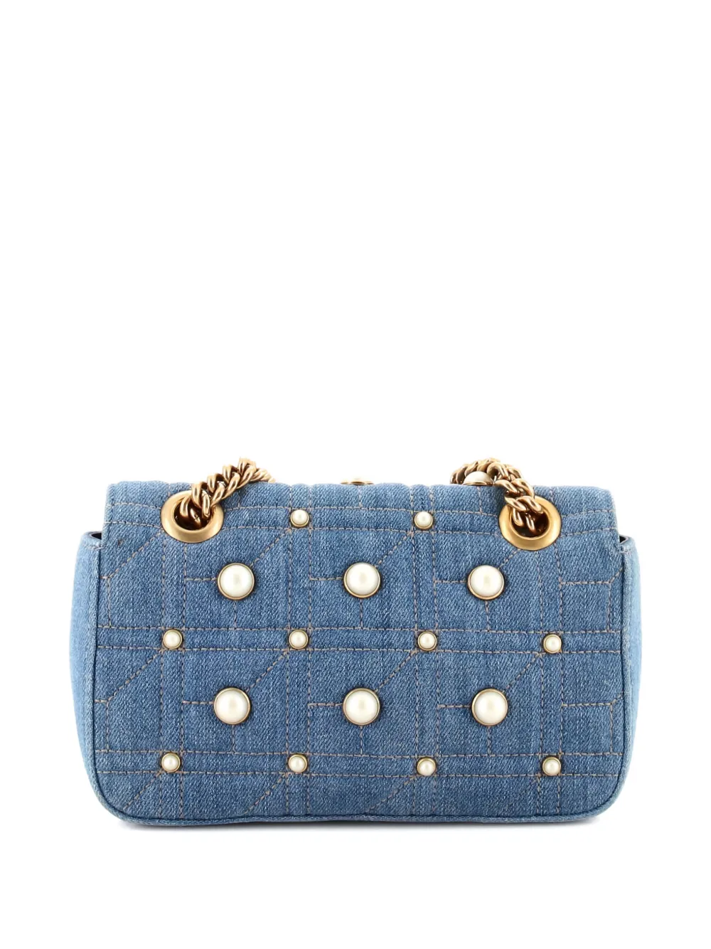 Pre-owned Gucci Pearly Gg Marmont Flap Bag Embellished Matelasse Denim Mini Shoulder Bag In Blue