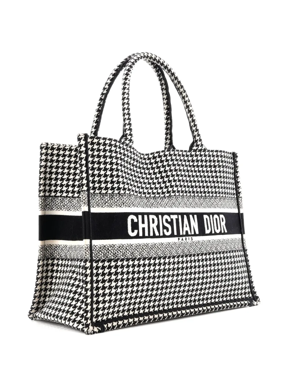 Pre-owned Dior Book Houndstooth Canvas Medium Tote Bag In Black