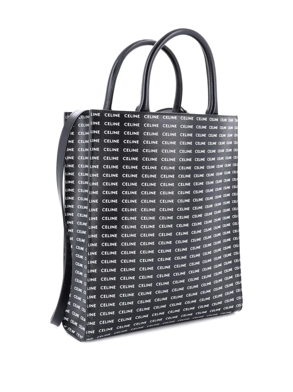 Pre-owned Celine Vertical Cabas All Over Logo Print Leather Small Tote Bag In Black