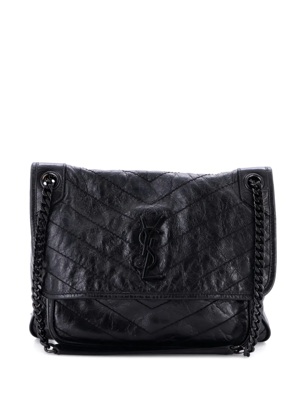 SAINT LAURENT Pre-owned Niki Chain Flap Bag Matelasse Chevron Leather Medium Shoulder Bag In Black
