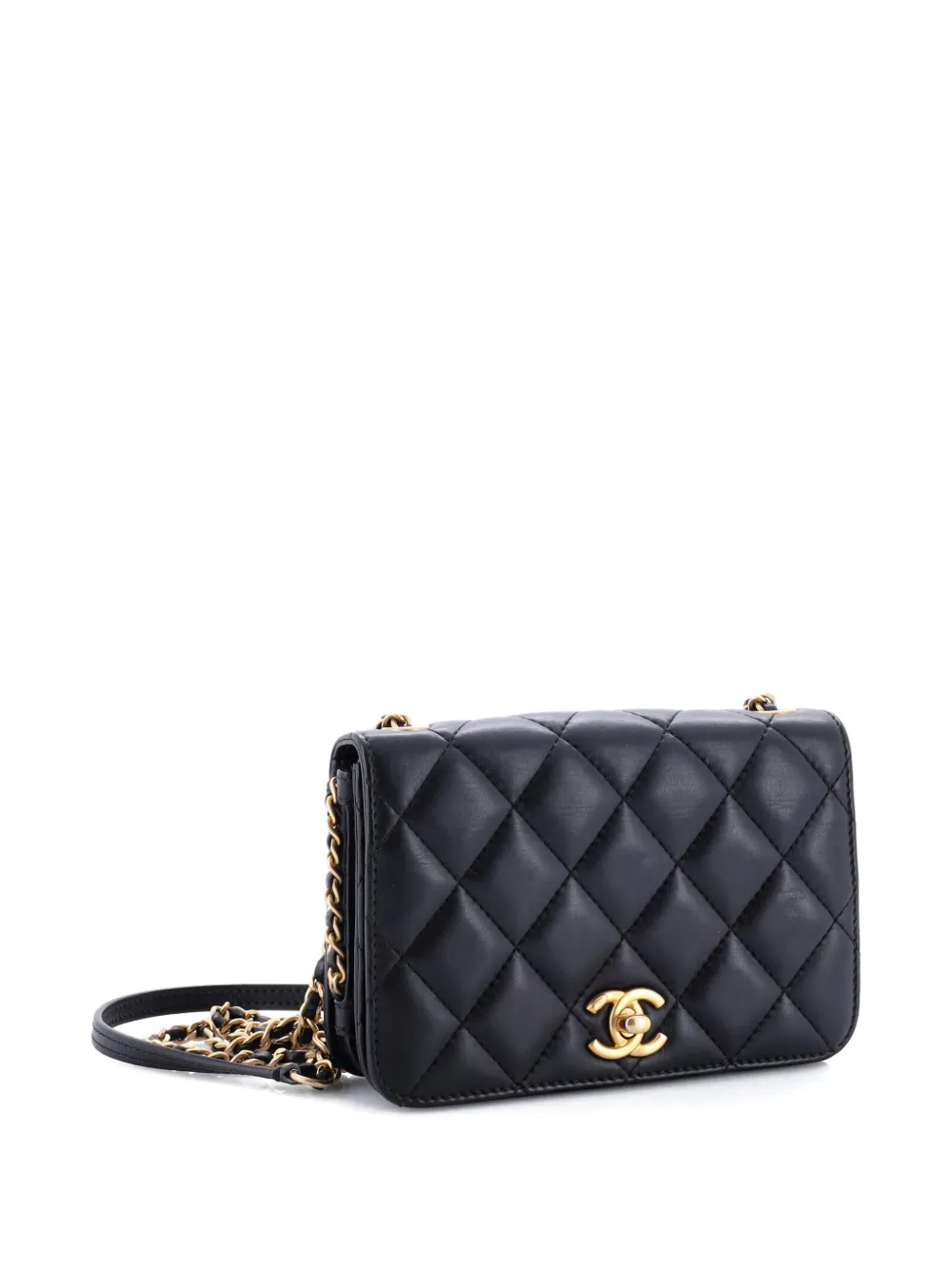 Pre-owned Chanel Cc Side Chain Full Flap Bag Quilted Calfskin Small Crossbody Bag In Black