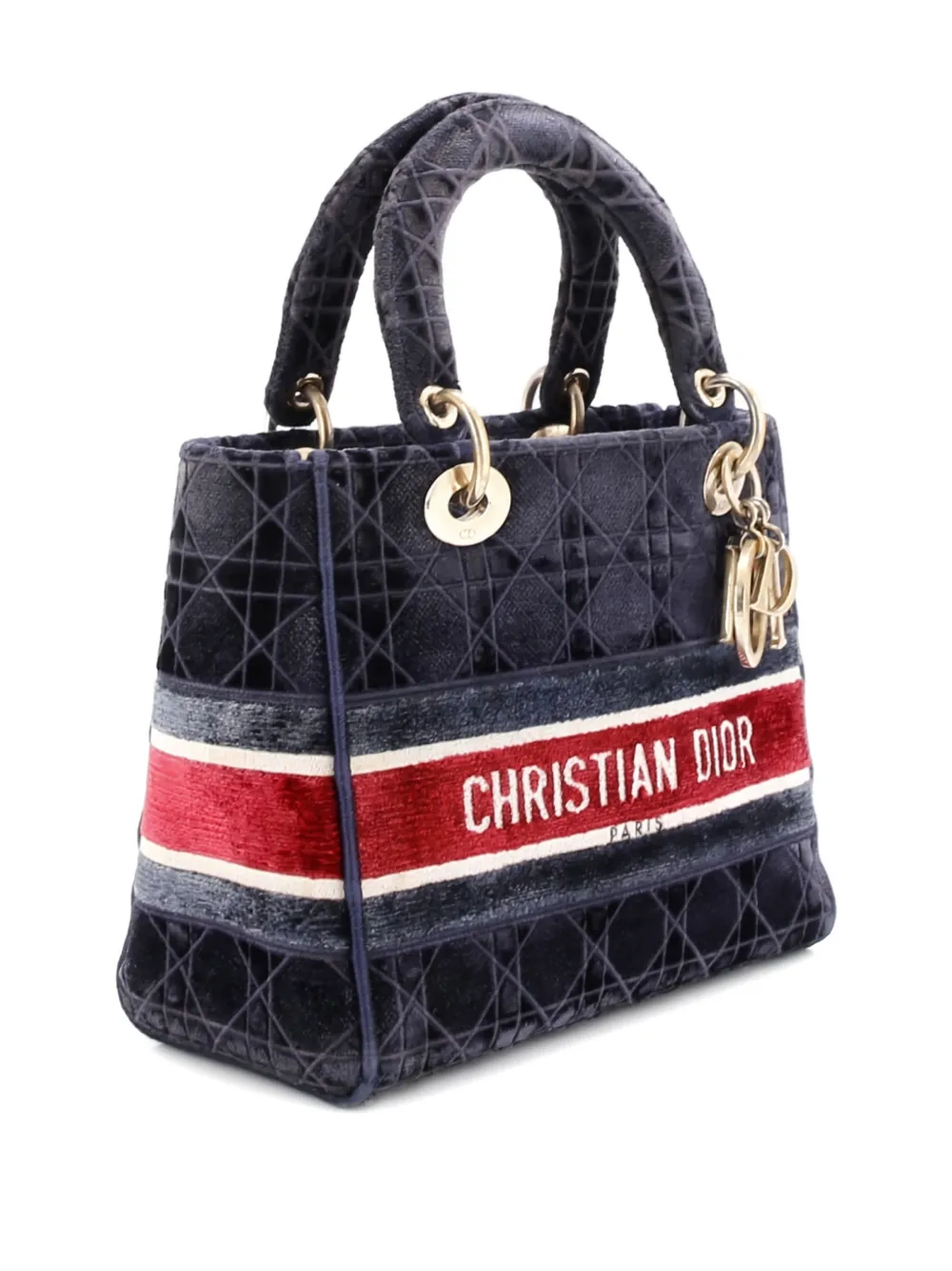 Pre-owned Dior Lady D-lite Bag Cannage Embroidered Velvet Medium Tote Bag In Blue