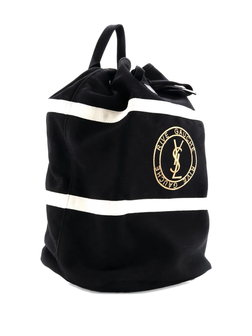 Pre-owned Saint Laurent Rive Gauche Drawstring Sling Bag Embroidered Canvas Backpack In Black