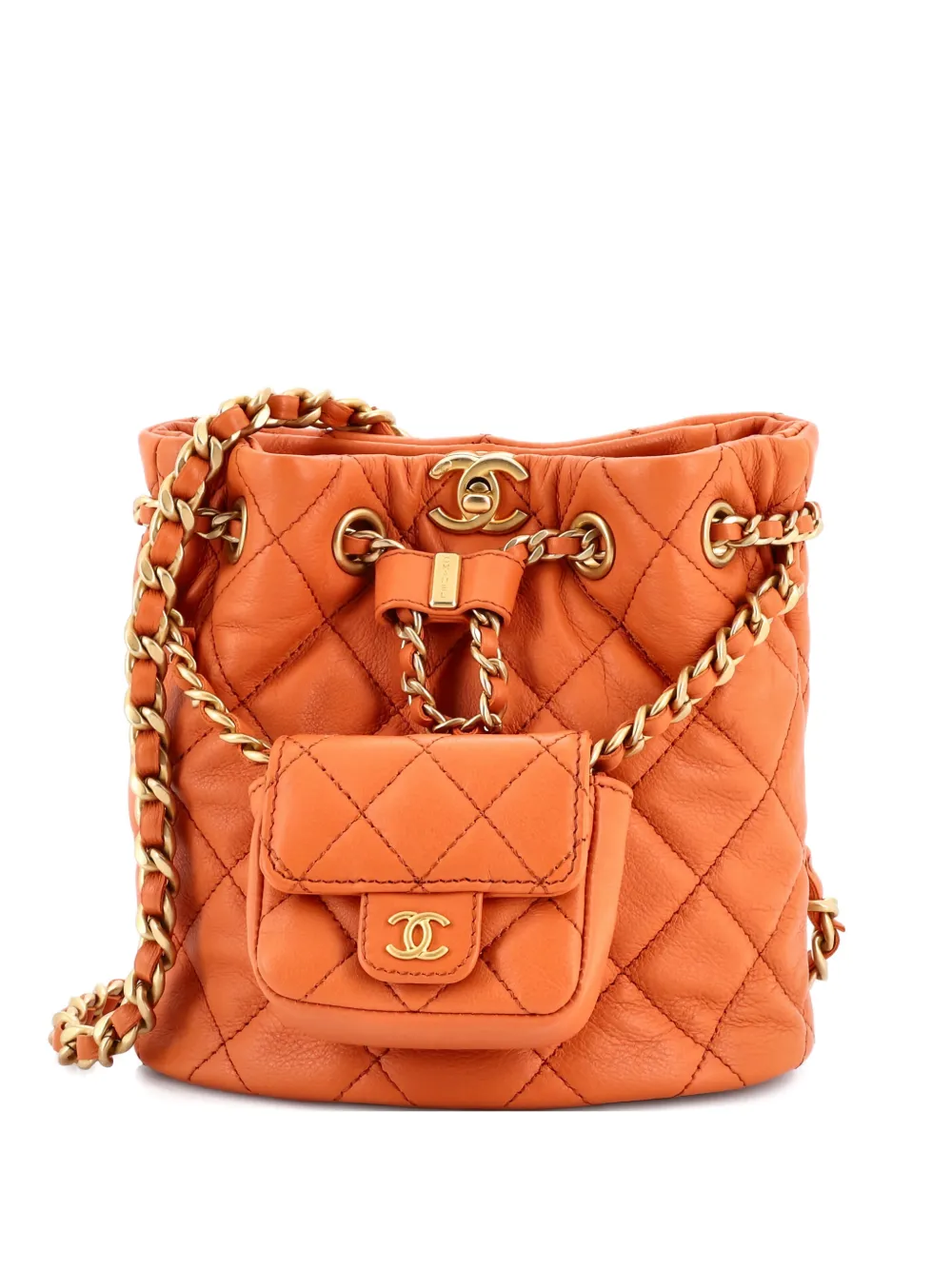 Pre-owned Chanel Cc Pocket Chain Bucket Quilted Lambskin Small Backpack In Orange