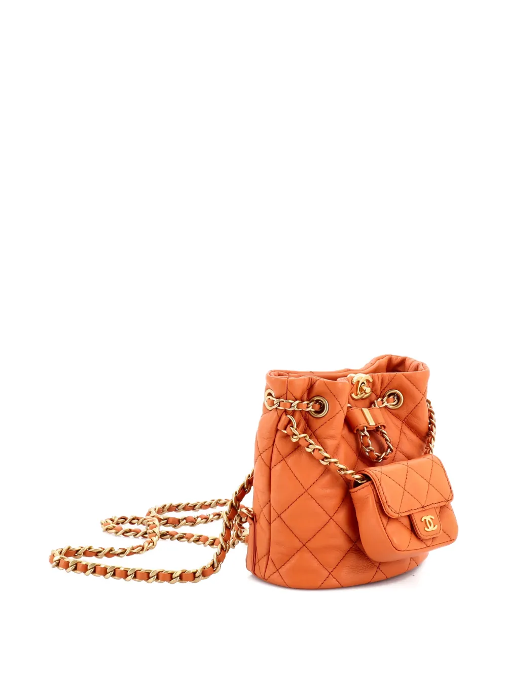 Pre-owned Chanel Cc Pocket Chain Bucket Quilted Lambskin Small Backpack In Orange