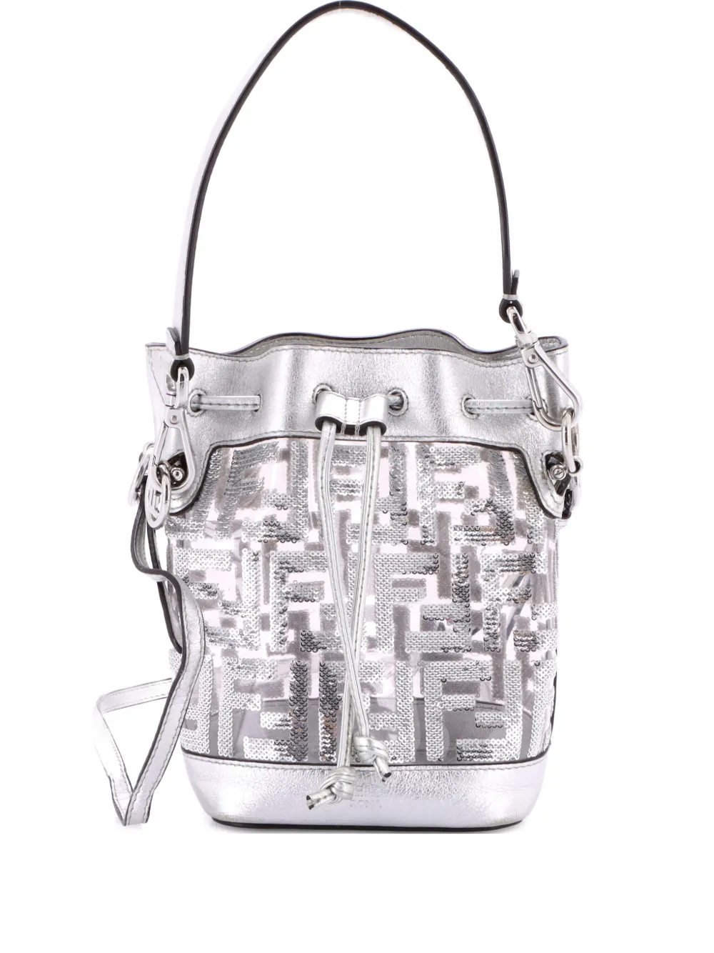 Pre-owned Fendi Mon Tresor Sequin Zucca Embroidered Pvc Mini Bucket Bag In Silver