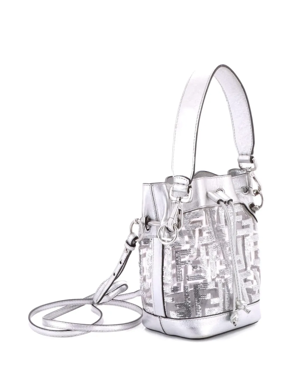 Pre-owned Fendi Mon Tresor Sequin Zucca Embroidered Pvc Mini Bucket Bag In Silver