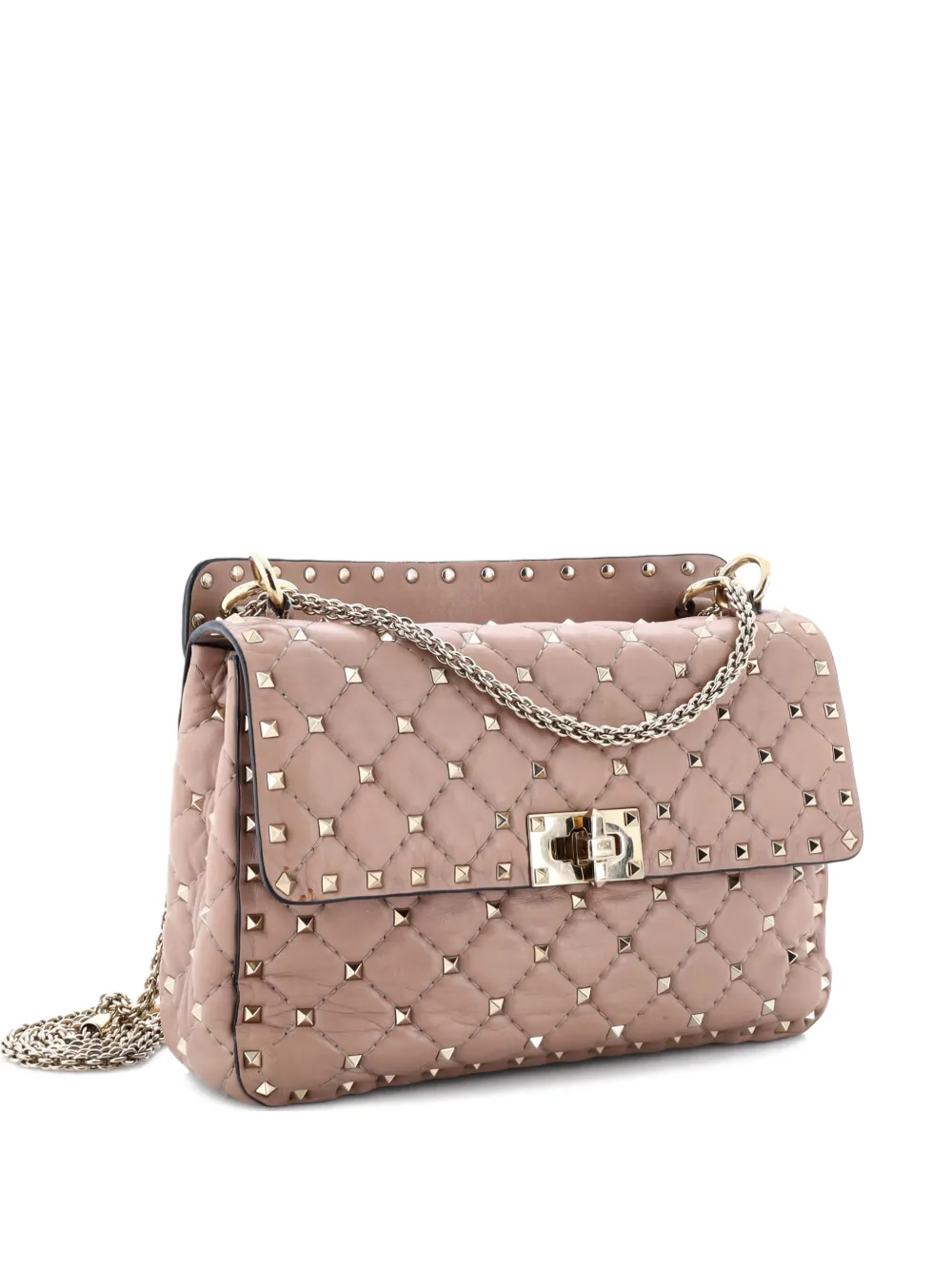 Pre-owned Valentino Garavani Rockstud Spike Flap Bag Quilted Leather Medium Crossbody Bag In Neutral