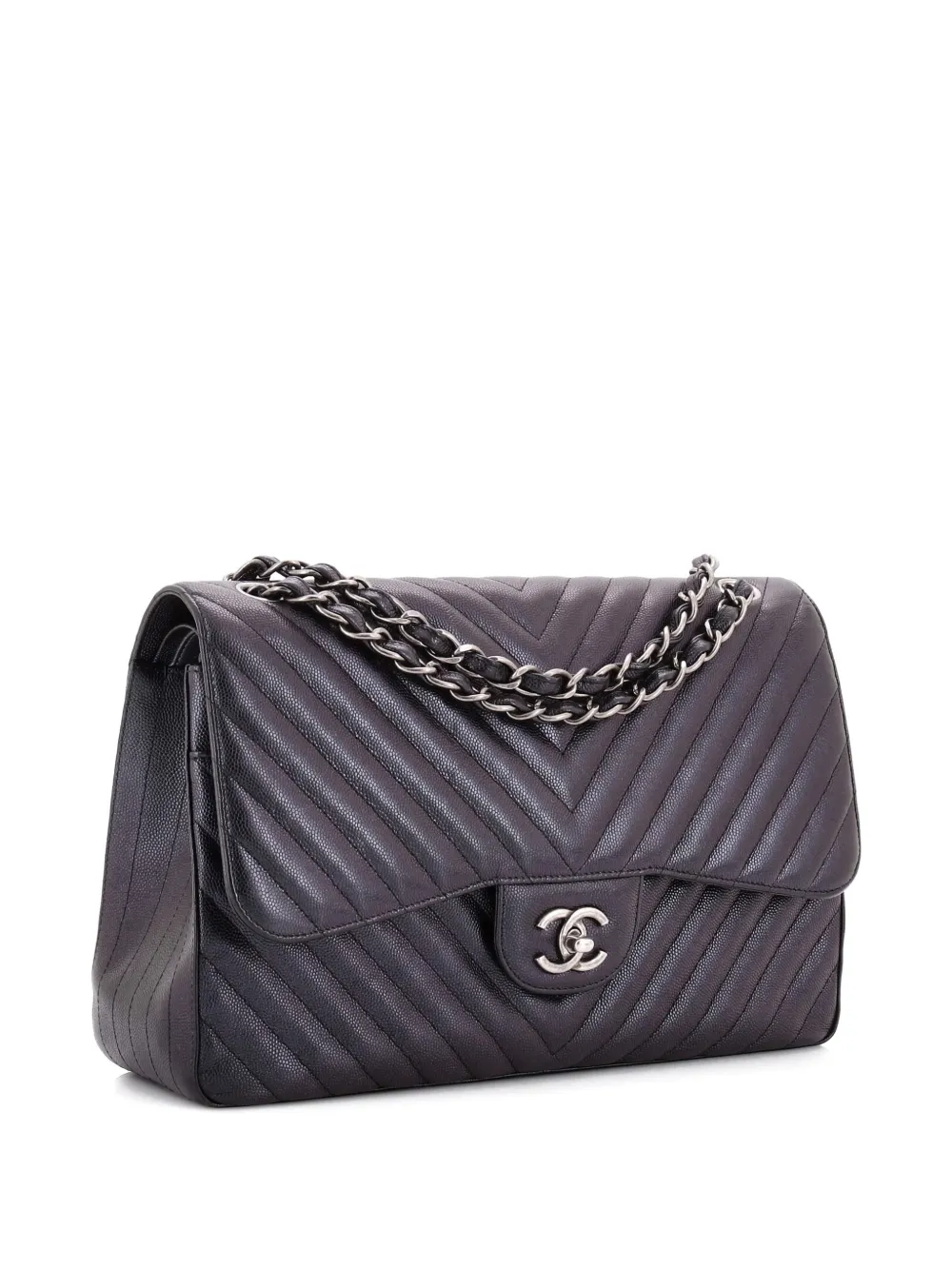 CHANEL Pre-owned Classic Double Flap Bag Chevron Iridescent Caviar Jumbo Shoulder Bag In Black