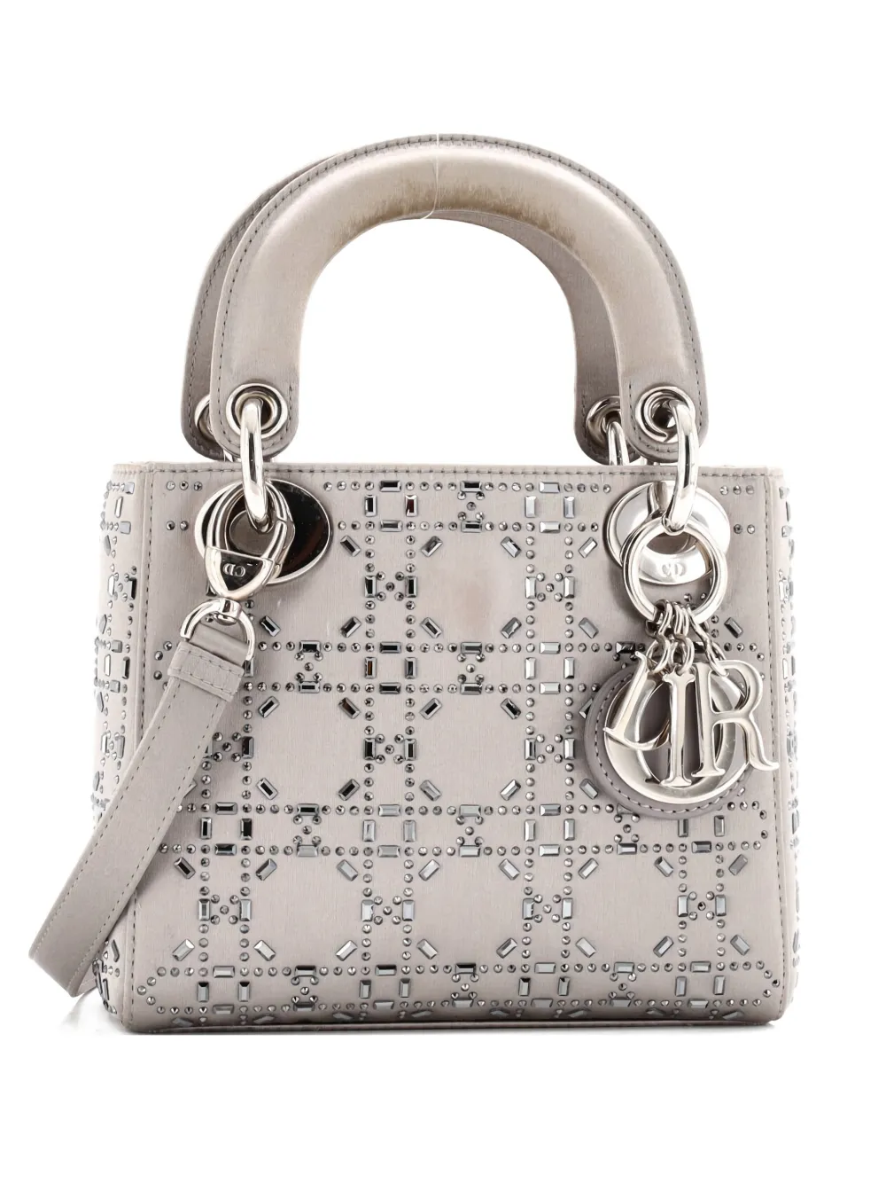 Pre-owned Dior Lady  Bag Crystal Embellished Cannage Quilt Satin Mini Satchel In Gray