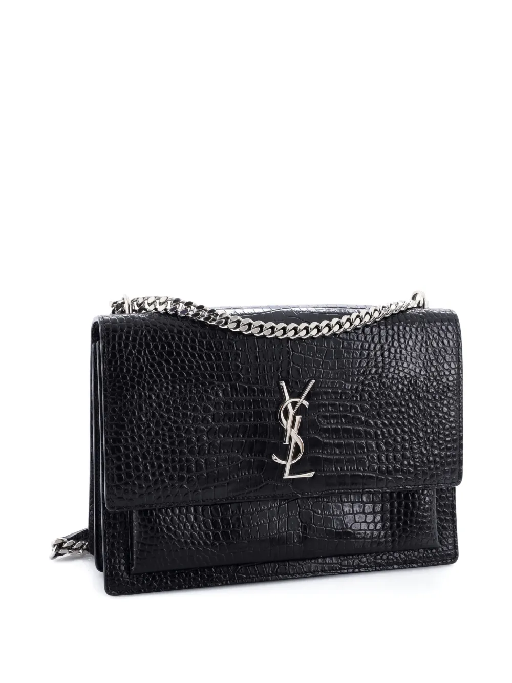 Pre-owned Saint Laurent Sunset Crocodile Embossed Leather Large Crossbody Bag In Black