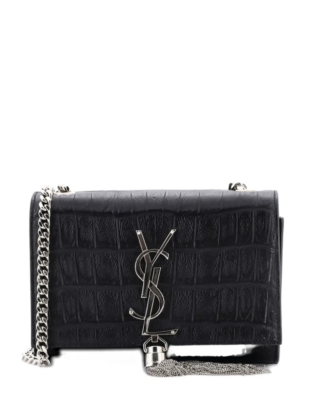 Pre-owned Saint Laurent Classic Monogram Tassel Crocodile Embossed Leather Small Crossbody Bag In Black