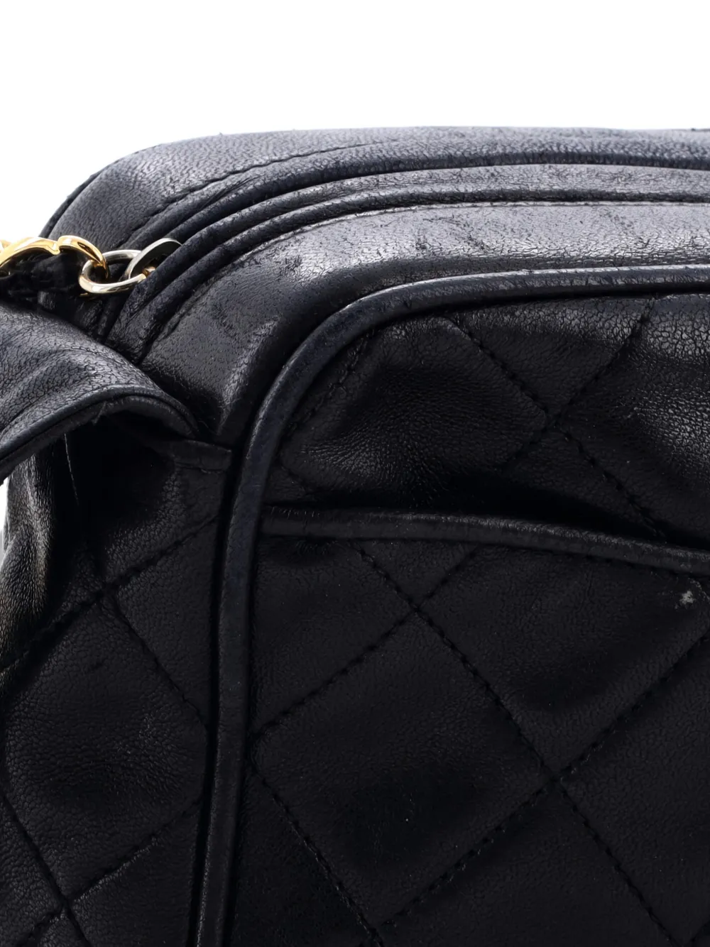 Pre-owned Chanel Diamond Cc Slit Pocket Camera Bag Quilted Leather Small Shoulder Bag In Black