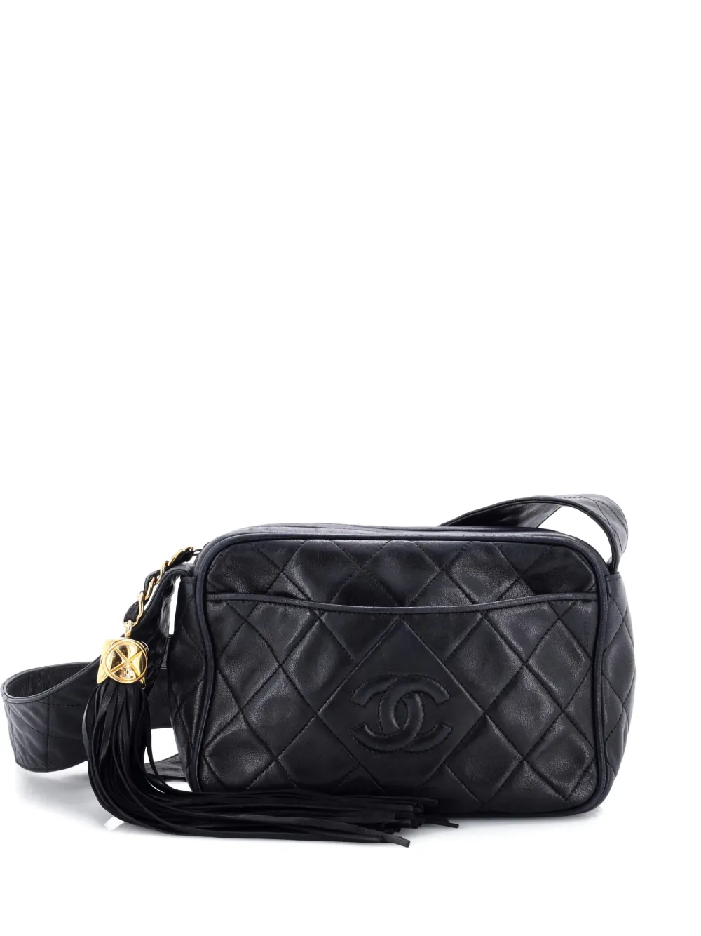 Pre-owned Chanel Diamond Cc Slit Pocket Camera Bag Quilted Leather Small Shoulder Bag In Black