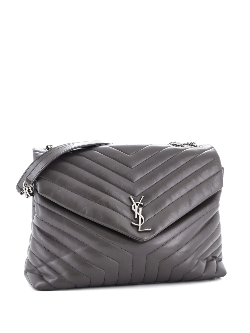 Pre-owned Saint Laurent Loulou Matelasse Chevron Leather Large Shoulder Bag In Gray