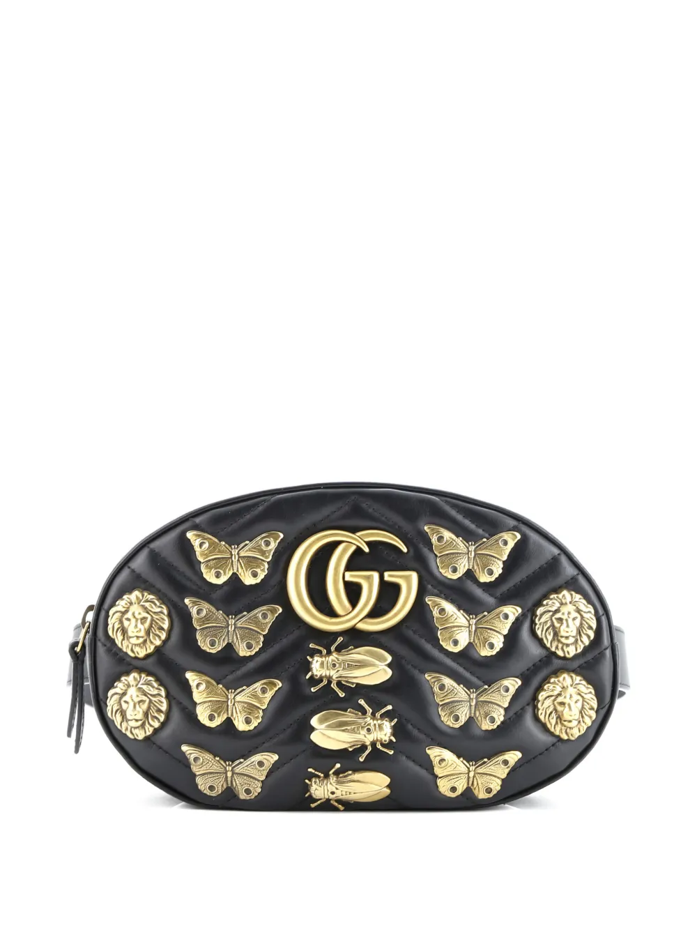Pre-owned Gucci Gg Marmont Embellished Matelasse Leather Belt Bag In Black