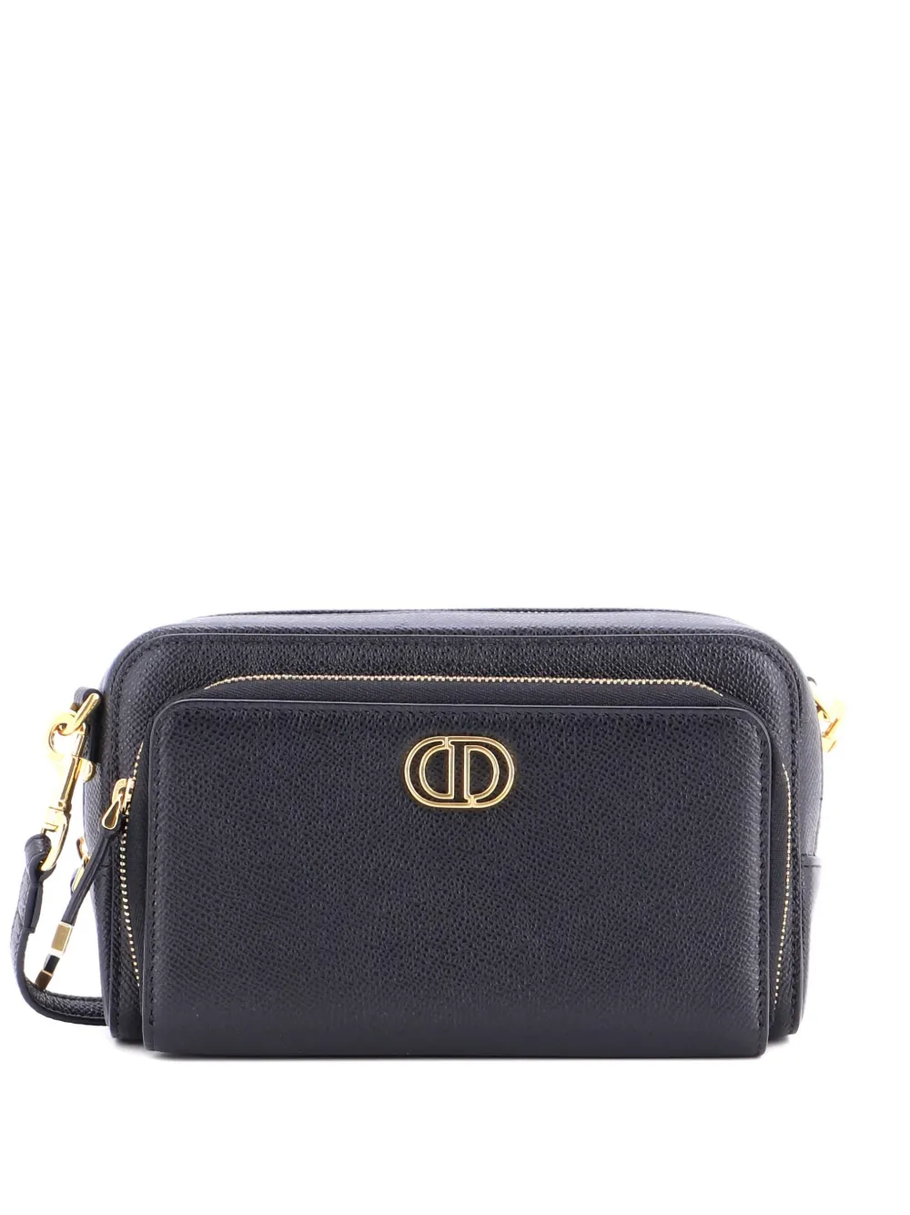 Pre-owned Dior Caro Double Pouch Leather Crossbody Bag In Black