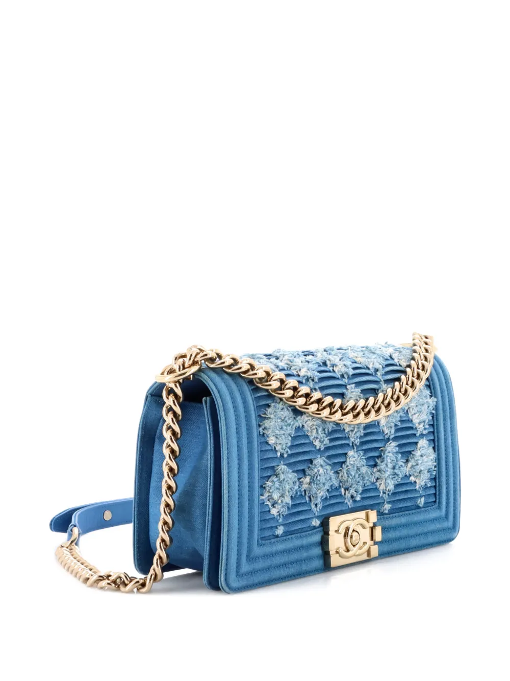 Pre-owned Chanel Boy Flap Bag Pleated Fringe Denim Old Medium Shoulder Bag In Blue
