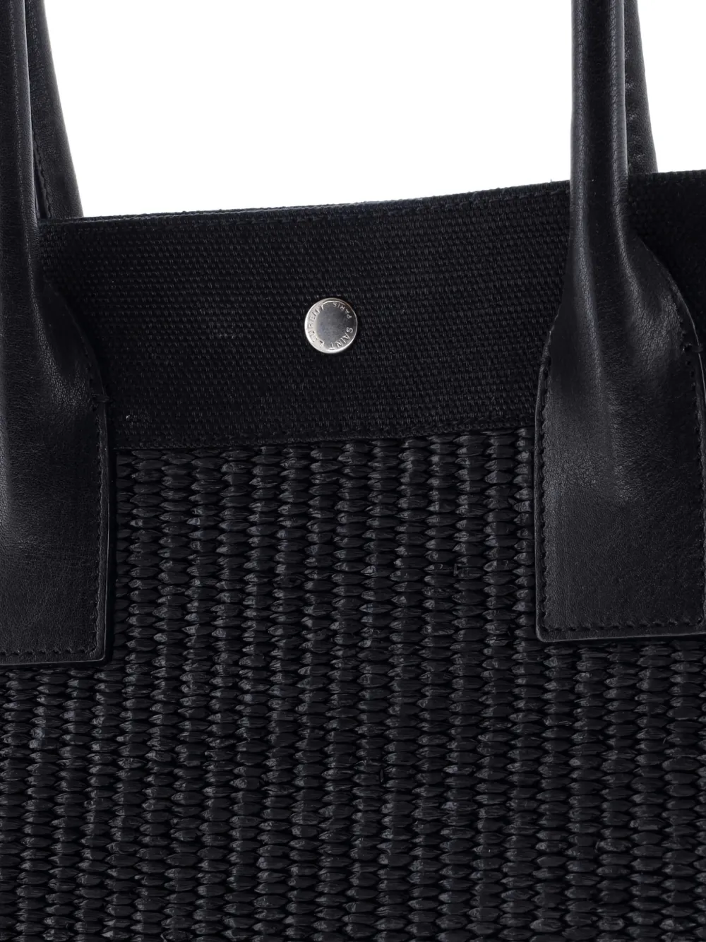Pre-owned Saint Laurent Rive Gauche Shopper Raffia With Canvas Large Tote Bag In Black