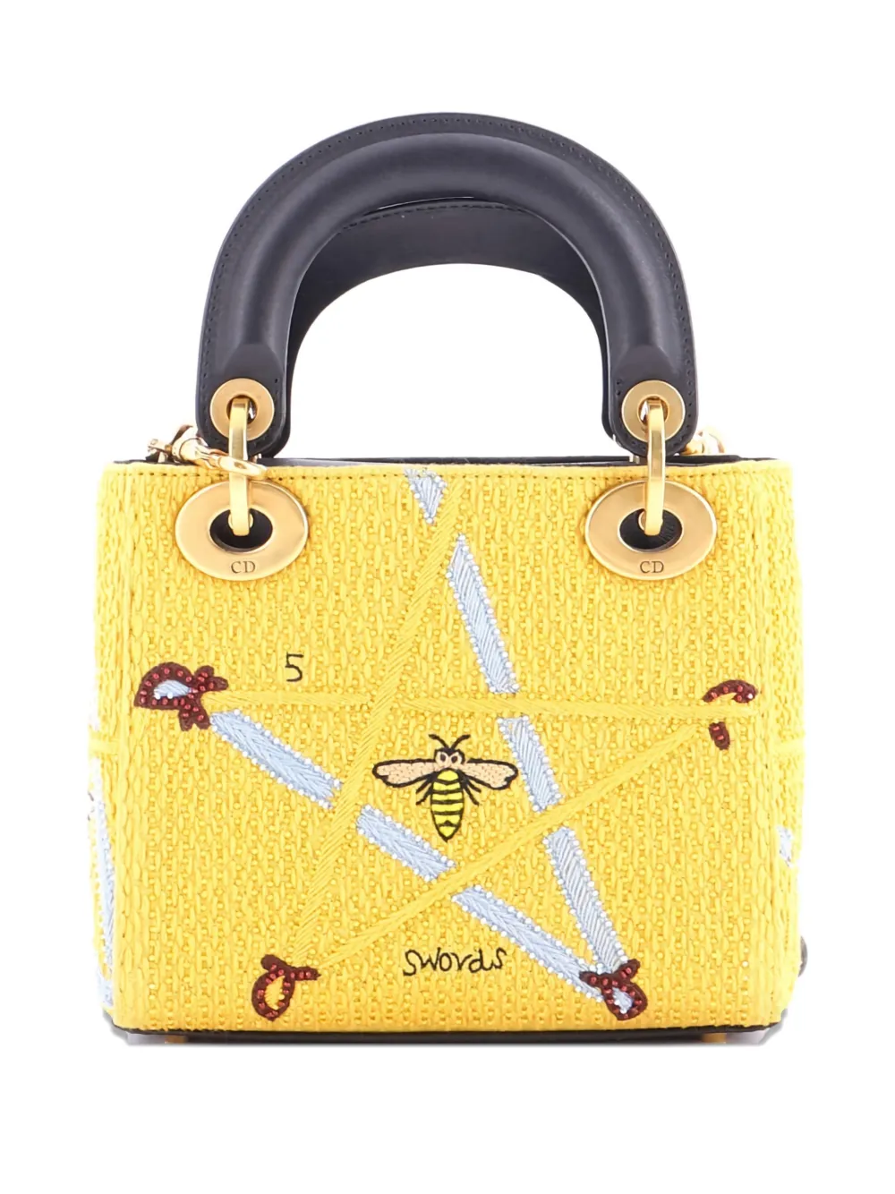 Pre-owned Dior Lady  Chain Bag Beaded Embroidered Canvas Mini Satchel In Black