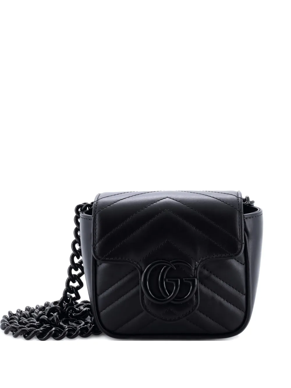 Pre-owned Gucci Gg Marmont Flap Matelasse Leather Mini Belt Bag In Black