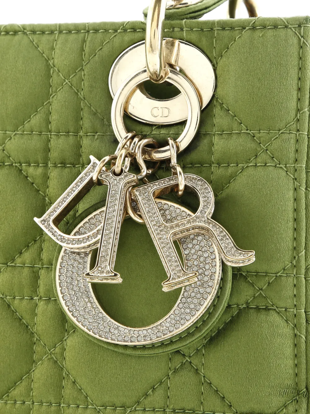 Pre-owned Dior My Abc Lady Bag Cannage Quilt Satin With Crystal Charms Crossbody Bag In Green