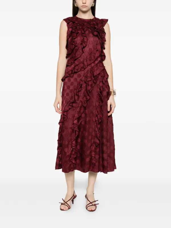 bodycon one shoulder dress Cascade Ruffle Midi Dress in Red