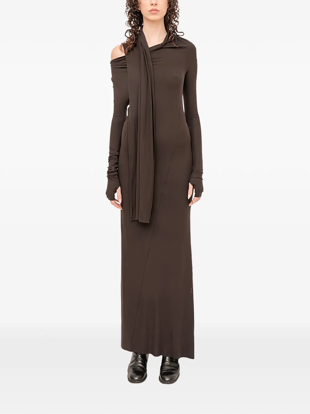 Andrea Ya'aqov Scarf-detail Long-sleeve Maxi Dress In Brown
