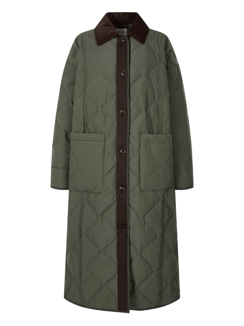 Studio Tomboy Corduroy-collar Quilted Long Coat In Green
